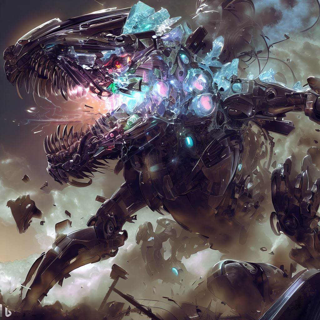 futuristic dinosaur mech with shattered glass body and glowing eyes being hunted while fighting, detailed smoke and clouds, bloom, h.r. giger style 2.jpg
